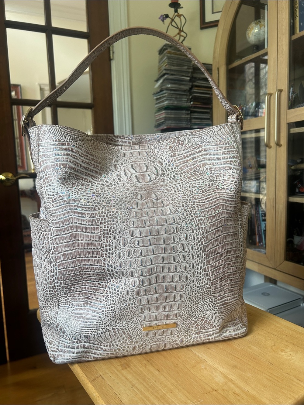 Brahmin Croc-Embossed Shoulder North/South Tote Bag in Taupe, iridescent accents